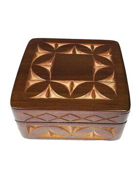 Small Hand Carved Wood Treasure Trinket Jewelry Storage box With Lid 4 x 4 in.